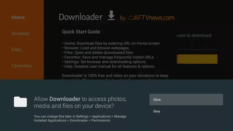 Fenêtre Allow dans Downloader
