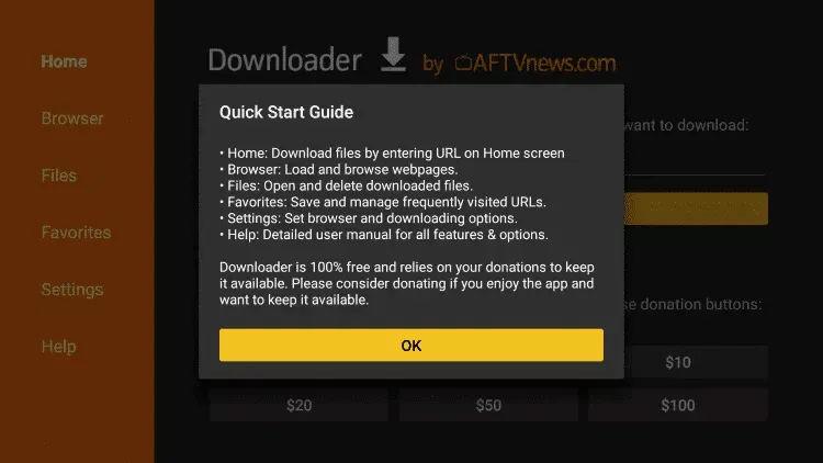 Fenêtre OK dans Downloader