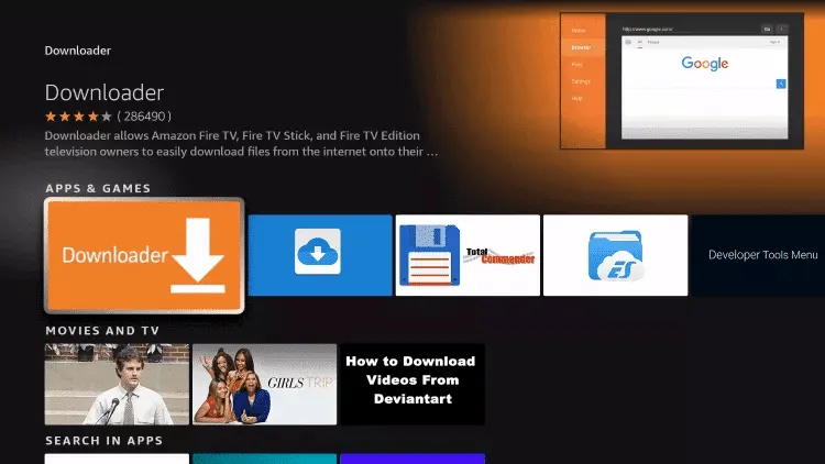 Sélection de l'application Downloader